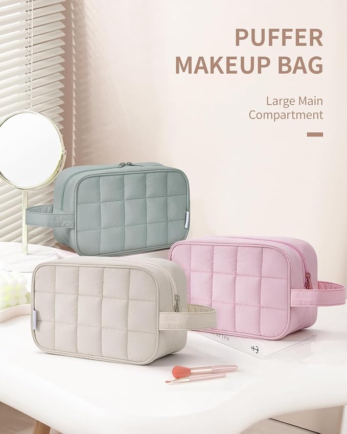 Narwey Quilted Makeup Bag Puffy Make up Bag Cosmetic Bag Organizer, Puffer Travel Toiletry Bag for Traveling Women Girl, Travel Bag for Toiletries, Skincare Medicine Bags (Beige) - Image 7