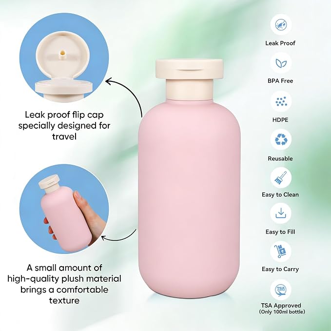 DEMORA 6.6oz Travel Bottles for Toiletries, Larger Plastic Travel Squeeze Bottles Leak Proof Refillable Toiletry Containers with Flip Caps and Labels for Shampoo Conditioner Lotion (Pink, 4 Pcs) - Image 3