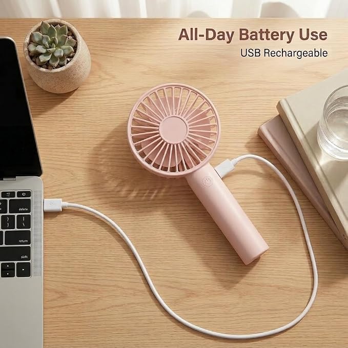 Portable Handheld Fan 2 Pack, USB Rechargeable Mini Fan, Ultra Quiet, 3 Speeds with Phone Holder Base, All Day Battery for Outdoor Indoor (Pink) - Image 5