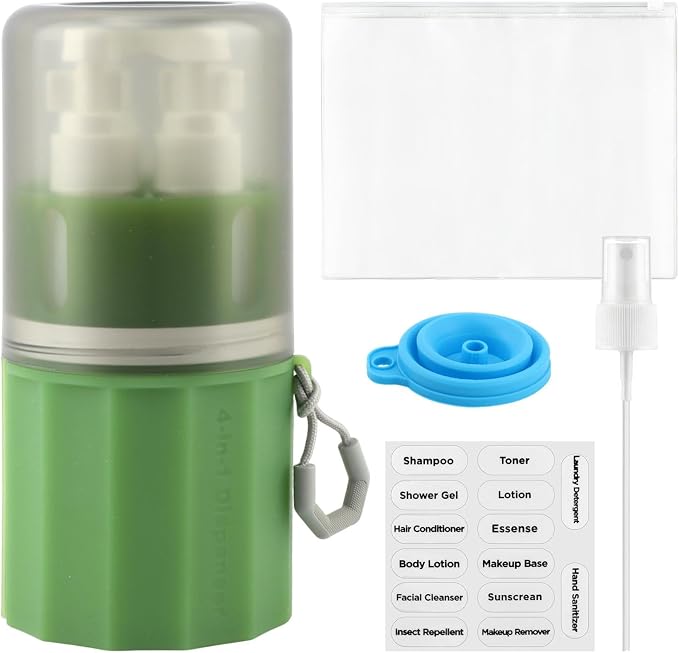 4 in 1 Wall Suction Travel Bottles Set, TSA Approved Leak Proof Travel Size Toiletries Containers with Funnel Labels Bag, Refillable Shampoo Dispenser Kit, (green) - Image 9
