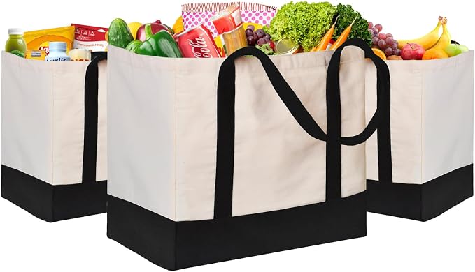 Large Canvas Tote Bag for Women, Shopping Bags for Groceries with Pockets | 14.6 x 10.2 x 13 in Holds 60 lbs Washable Eco-friendly Tote Bags for Shopping/Picnics/Beach/Laundry, Off White+Black 3 Pack by CNaiyunpin