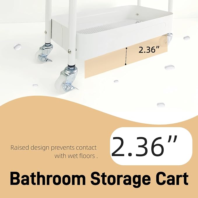 3 Tier Narrow Rolling Storage Cart for Laundry Room Bathroom Kitchen, 7.1'' Slim Utility Cart with Wheels and Lockable Casters Standing Shelf for Small Space & Between Washer and Dryer, White - Image 8