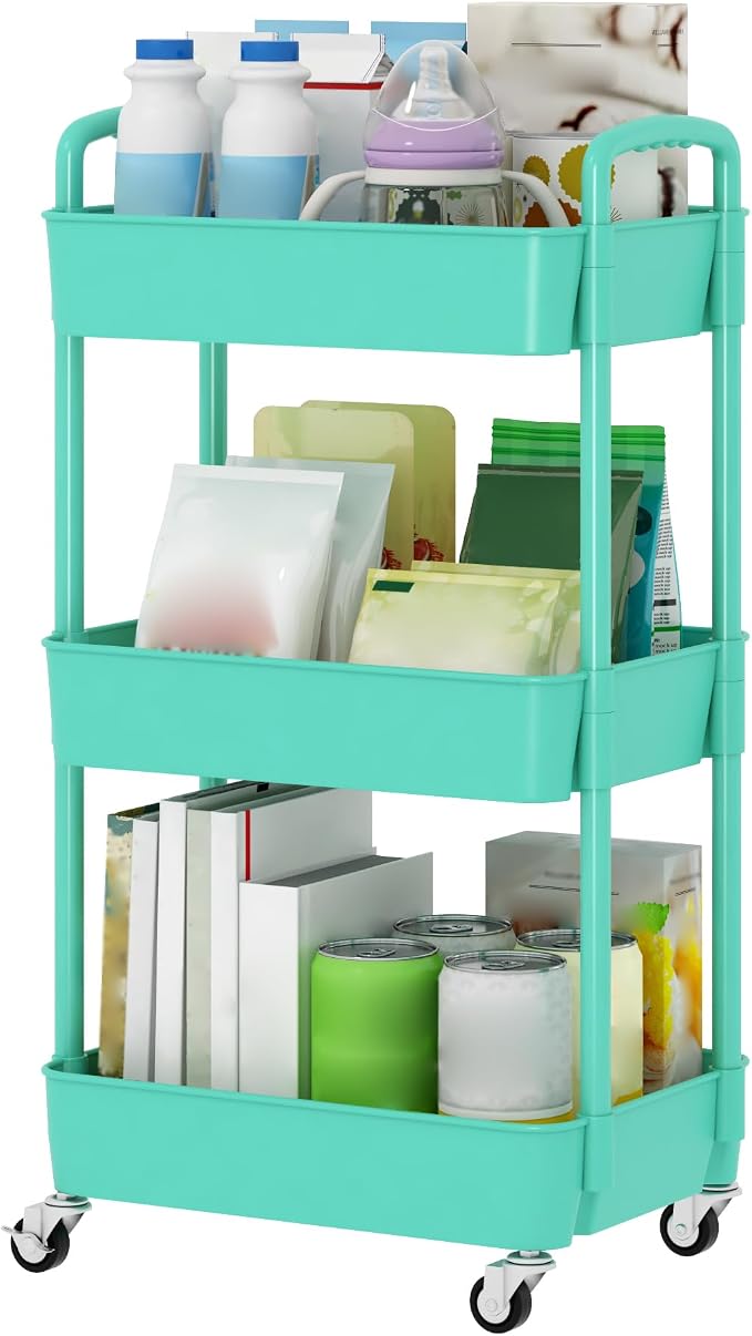 Sywhitta 3-Tier Plastic Rolling Utility Cart with Wheels for Storage, Green | Multi-Functional Storage Trolley, for Office, Living Room, Kitchen, Bathroom,Movable Organizer,Space-Saving,Easy to assemble - Image 7