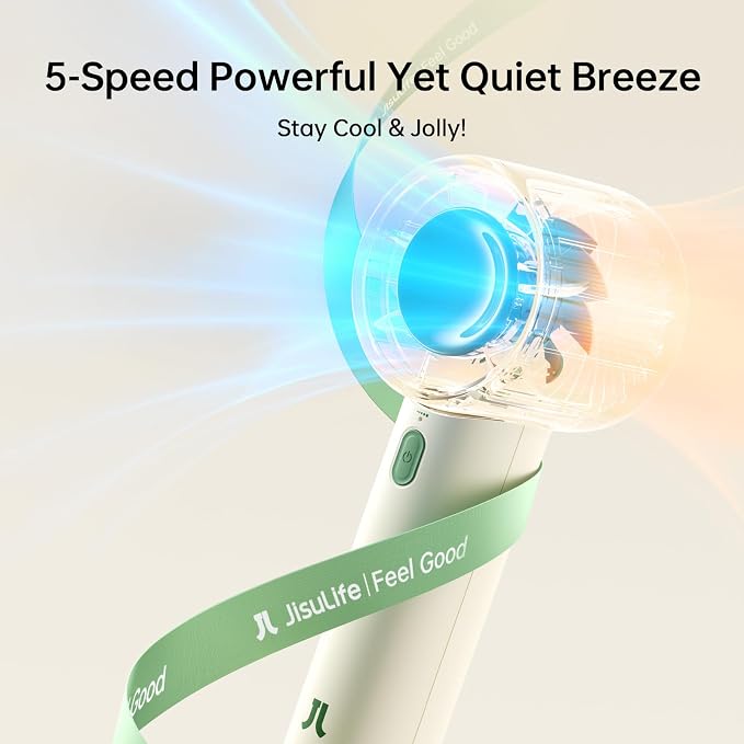 JISULIFE Handheld Turbo Fan, 4000mAh Rechargeable, 5-Speed - Beige | 22H Max Runtime, Powerful Airflow, Ultra-Quiet, with Neck Strap & Stickers Included, Gift for Women, Men & Kids - Image 7
