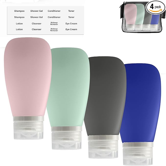 Travel Bottles for Toiletries, TSA Approved 3oz (90ml) Leak Proof Silicone Refillable Squeeze Travel Size Containers BPA Free for Cleansers, Lotions, Shampoo 4pk-With Bag (P,G,Blk,BL) by Lyob