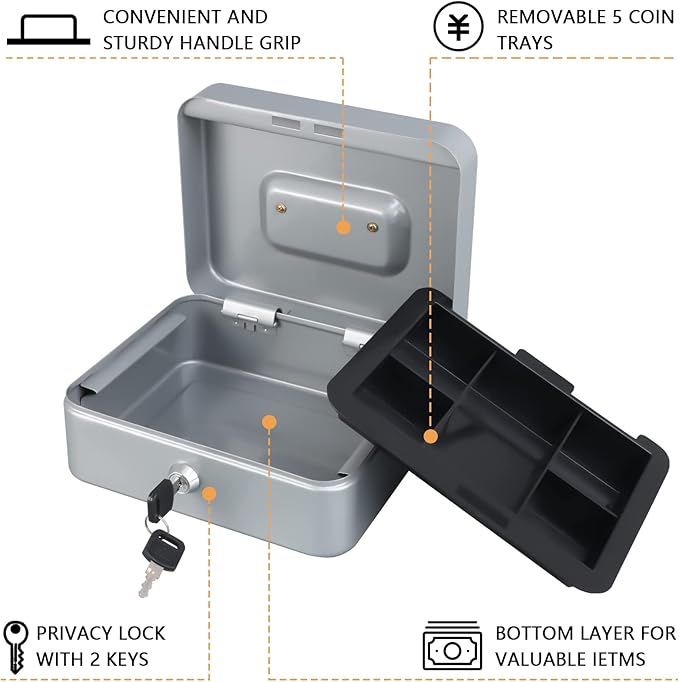KYODOLED Medium Cash Box with Money Tray,Small Safe Lock Box with Key,Cash Drawer,7.87"x 6.30"x 3.54" Lightgrey Medium - Image 2
