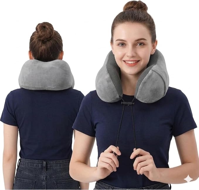 Airplane Travel Neck Pillow, 100% Memory Foam Ergonomic Neck Support, Airplanes Neck Pillow with Washable Cover Travel Essential for Flight, Office includes Eye Masks, Earplugs & Carry Bag (Dark Gray) - Image 3