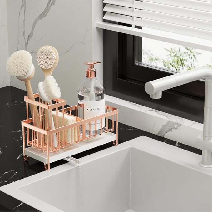 Cisily Sponge Holder for Kitchen Sink, Sink Caddy Organizer with High Brush Holder, Kitchen Countertop Organizers and Storage Essentials, Rustproof 304 Stainless Steel (Rose Gold, 9.25″) - Image 6