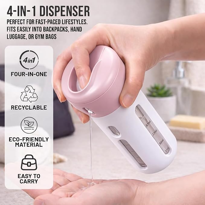 Travigo 4-in-1 Travel Dispenser Bottle, TSA Approved, Leak Proof, Four Reusable 1.4 oz. (40 mL) Toiletry Containers for Shampoo, Conditioner, Soap, Lotion, Skincare (Pink) - Image 2