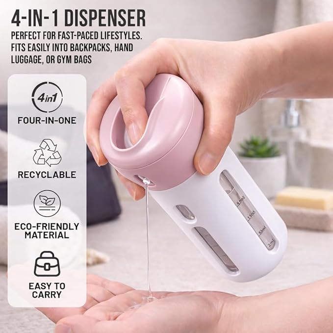 Travigo 4-in-1 Travel Dispenser Bottle Set, TSA Approved, Leak Proof, Reusable 1.4 oz. (40 mL) Toiletry Containers for Shampoo, Conditioner, Soap, Lotion, Skincare (2 Pack, Pink & Gray) - Image 2