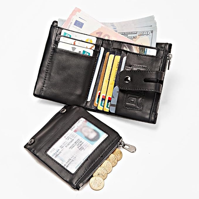 Anti-Theft Mens Wallet with Chain Genuine Leather ID Window Purse with RFID Blocking Bifold Double Zipper Coin Pocket with Gift Box - Image 5