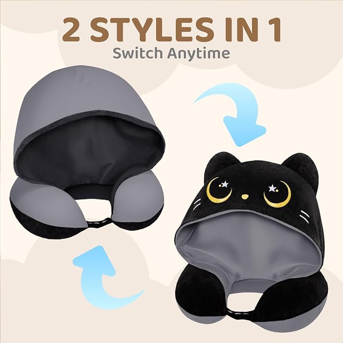 Mewaii Travel Neck Pillow, Airplane Pillow with Hood, Memory Foam, Gray | Neck Support, Reversible, Adjustable Strap, Washable Cover, Cat-Ear Hood, Storage Bag, for Flights, Adults & Teens - Image 6