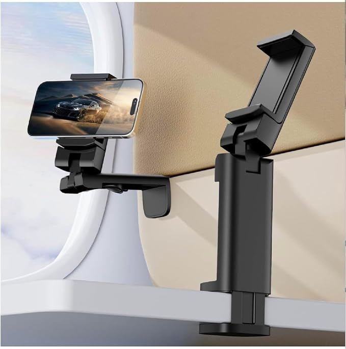 Airplane Phone Holder, Dual 360° Rotation Plane Phone Holder Travel Essentials for Long Flight, Desk, Tray, Compact Cell Phone Mount w/ Durable Automatic Spring Clamp, Phone Gadget for Long Trip, Gym by Elokipoe