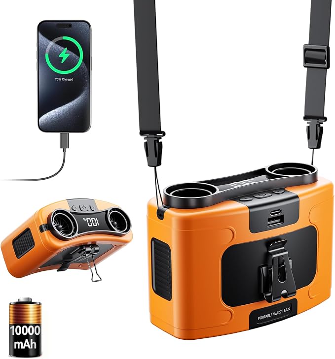 Doublepow 10000mAh Portable Waist Fan, Personal Dual Waist Fan, Clip On Belt Hanging Neck, Dual Motor 20H&10 Speed 16000RPM Strong Airflow, USB Rechargeable Fans, for Outdoor Work Travel(K60-Orange) by Unknown