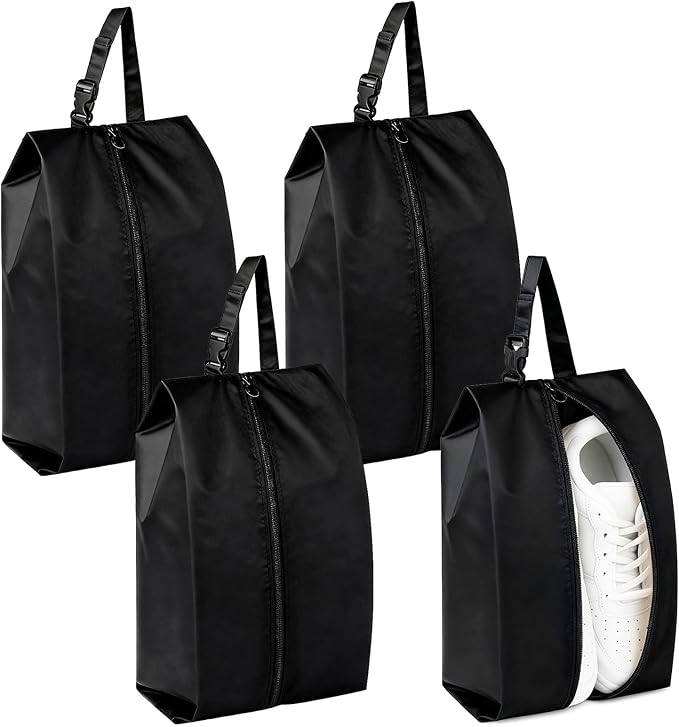 4-Pack Travel Shoe Bags for Packing in Suitcase – Hanging Buckle Shoe Storage Pouches with Zipper and Handle, Portable Bags for Gym, Sports, Cleat and Ballet (Black) by FTNA