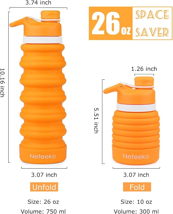 Nefeeko Collapsible Water Bottle, 26oz Silicone Foldable Water Bottles | Leakproof BPA Free Travel Water Bottles with Carabiner,Portable Sport Water Bottles for Camping,Hiking Outdoor Indoor Sport - Image 2