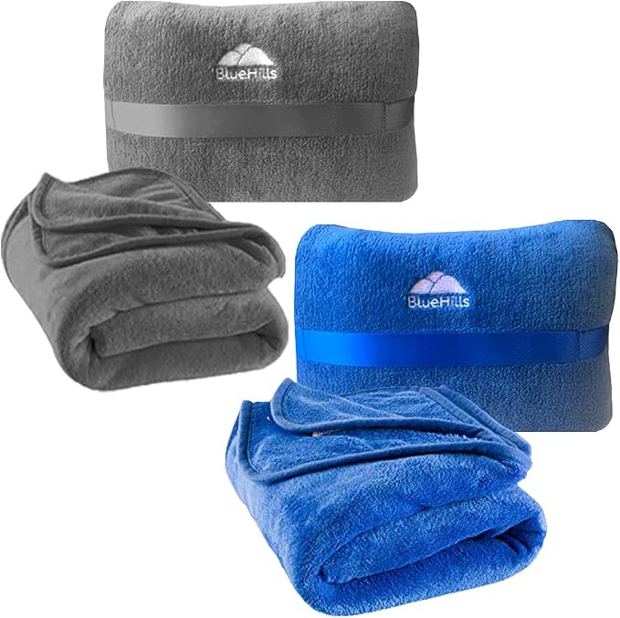 BlueHills Premium Soft Mini Plush Travel Blanket Value Pack Set of 2 - Airplane Travel Essential Flight Blanket Throw in a case with Strap Compact for Car Plane Travel Gift – Royal Blue and Gray. by BlueHills