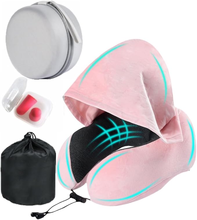 Travel Neck Pillow with Extra Large Hood Rollable Airplane Hooded Neck Pillow with Memory Foam Filling and Removable, Skin-Friendly Cover with a Carrying Case & Pouch (Velvet) by ILYISFMTY