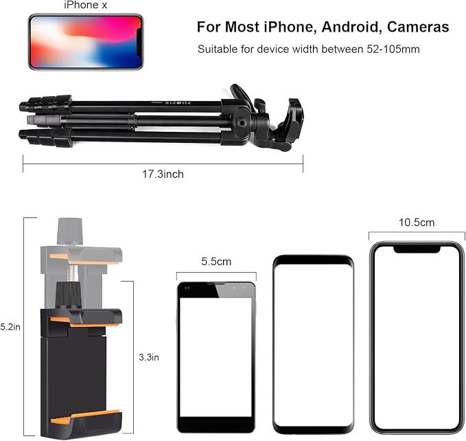 55" Phone Tripod, PHOPIK Aluminum Extendable Tripod Stand with Shutter, Carrying Bag, Compatible with iPhone/Android/Sport Camera&Insta 360 x5 Perfect for Video Recording/Selfies/Live Stream/Vlogging - Image 5