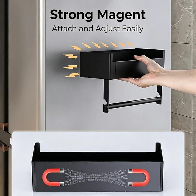 Magnetic Spice Rack for Refrigerator with Paper Towel Holder, Magnetic Spice Organizer Shelf for Small Kitchen Storage, Space Saver Container for Apartment, Black - Image 3