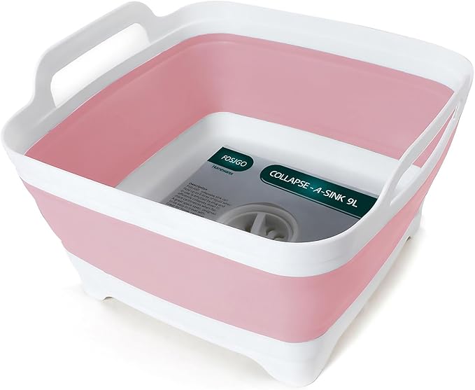 FOSJGO Collapsible Dish Basin with Drain Plug, Foldable Sink, 2.4 Gal (9L) | Space-Saving Wash Basin for Kitchen, Baby Bottles, Vegetable Washing, Camping, RV and Party Beverage Tubs by FOSJGO