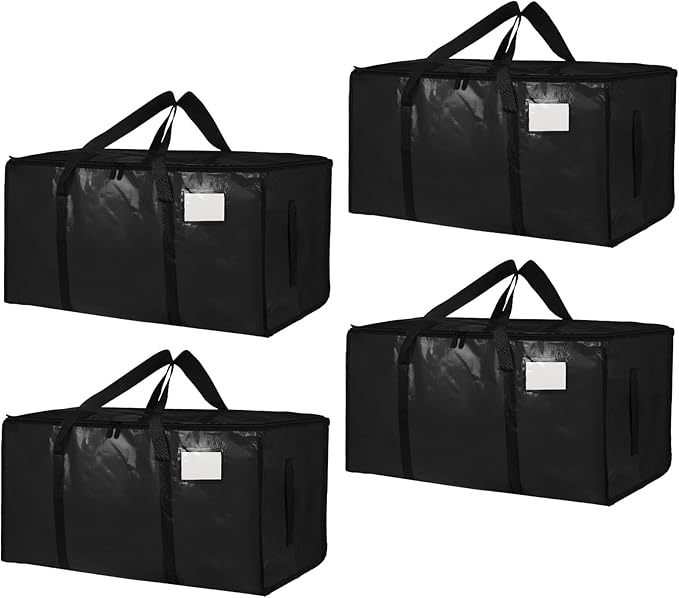 4 Pack-Extra Large Heavy Duty Moving Bags - Waterproof Storage Totes with Handles & Zippers, Foldable for College Dorm, Storage (Black) by Unknown