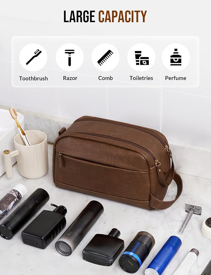 PU Leather Toiletry Bag for Men - Water Resistant Travel Bag for Toiletries, Bathroom Essentials, Accessories - Brown - Image 4