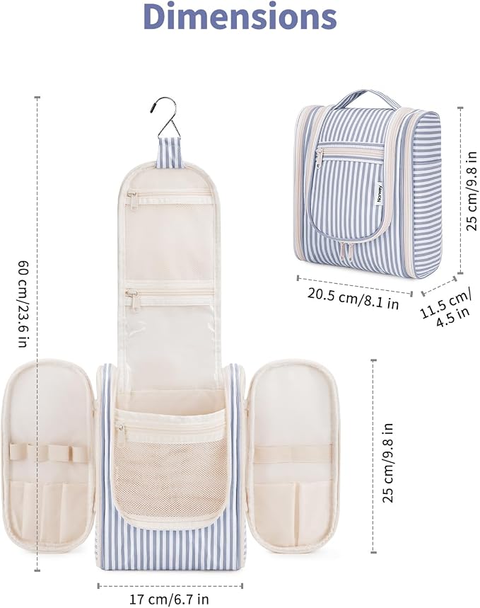 Narwey Small Striped Hanging Travel Toiletry Bag for Women, Travel Bag for Toiletries, Makeup Bag Organizer Cosmetic Bags Make Up Bags for Women (Greyish Blue Stripe) - Image 5