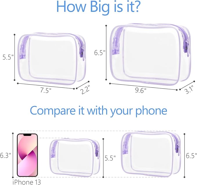 Clear Makeup Bag Travel - TSA Approved Toiletry Bag, 2 Light Purple | 1 Medium Quart Carry-On & 1 Large Checked-Luggage, Reinforced Seams, Water-resistant, Clear Easy-Check for Airport, Women - Image 3