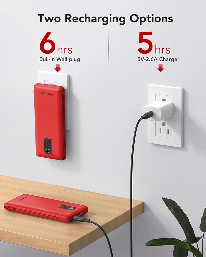 charmast Portable Charger Power Bank 10000mAh with Built-in AC Wall Plug | Built-in Cables,5 Outputs,Flight-Safe,Slim Travel Phone Charger for iPhone 17 14,Samsung Galaxy,iPad,Android,Smartwatch,etc - Image 6