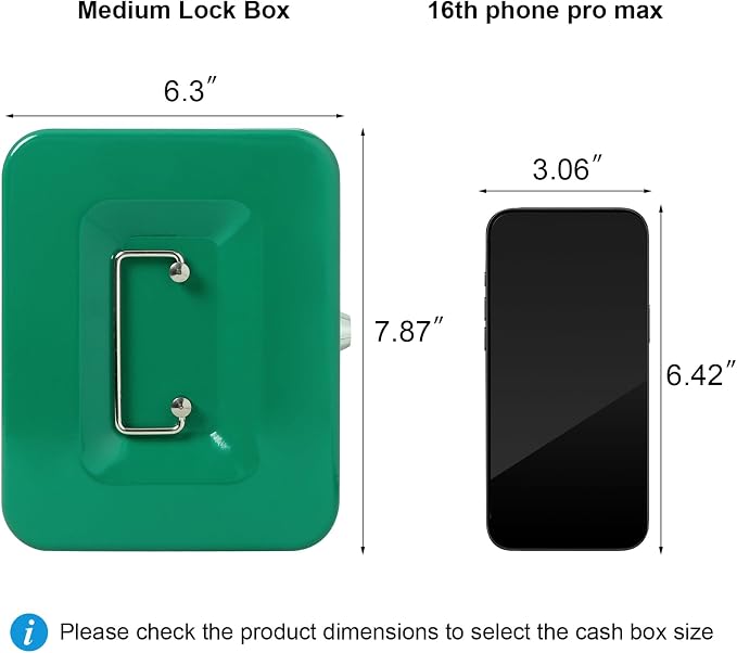 Jssmst Medium Cash Box with Key Lock - Durable Metal Cash Box with Money Tray, Green, Medium - Image 3