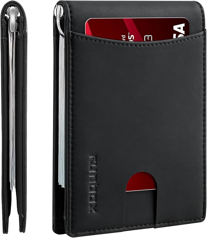 RUNBOX Slim Wallet for Men Genuine Leather RFID Blocking Bifold Minimalist Front Pocket Mens Wallet with Money Clip Thin Gift Box by RUNBOX
