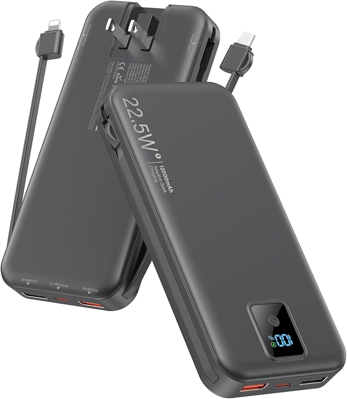 Portable Charger 12000mAh 22.5W w/Built-in Cable & Wall Plug Black | 22.5W fast charging, LED display, Charging 5 devices at once, Pass through charging, TSA approved, Compatible with iPhone by Rngsnoy