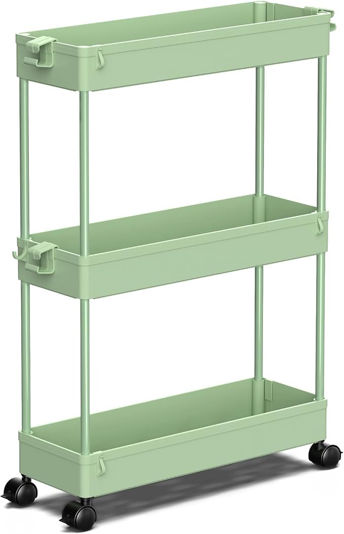 SPACEKEEPER Slim Rolling Storage Cart, 3 Tier Bathroom Cart Organizer,Green | Narrow Rolling Cart with Wheels for Kitchen Office Bathroom Laundry Room,Mobile Utility Cart for Craft Art Makeup Nail Polish by SPACEKEEPER