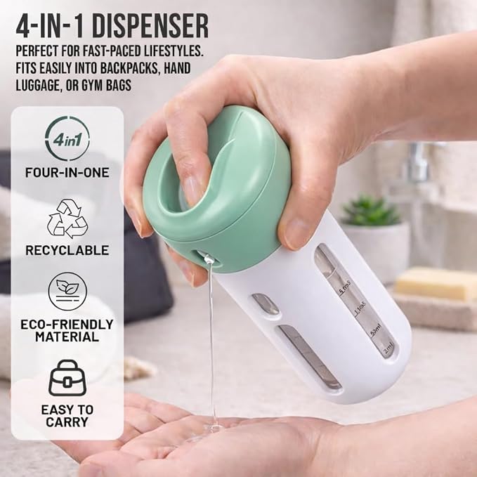 Travigo 4-in-1 Travel Dispenser Bottle, TSA Approved, Leak Proof, Four Reusable 1.4 oz. (40 mL) Toiletry Containers for Shampoo, Conditioner, Soap, Lotion, Skincare (Green) - Image 2