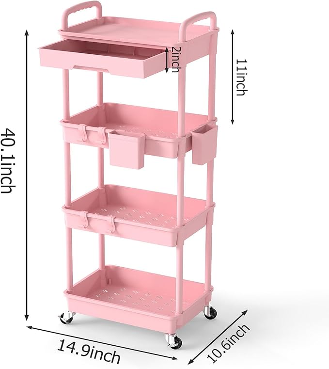 4 Tier Rolling Utility Cart with Drawer, Plastic Storage Organizer Rolling Carts with Wheels Handles Hanging Cups Hooks for Office, Bathroom, Kitchen,Craft Art Room (Pink) - Image 2