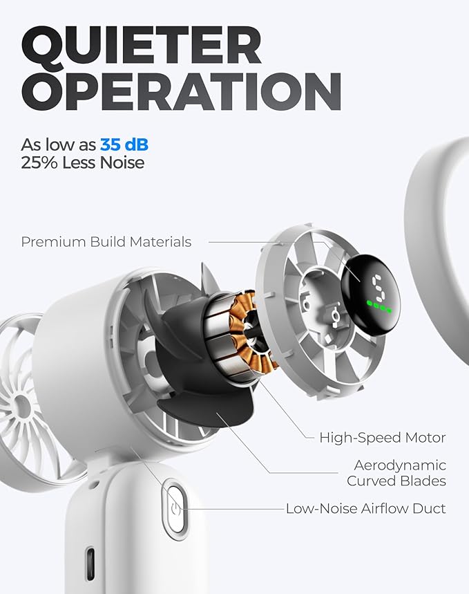 Diveblues Mini Portable Handheld Turbo Fan 27ft/s, 4000mAh Battery | 12H Max Cooling, 5 Speeds, LED Display, Quiet Motor, 3-in-1 Handheld/Neck/Desk Fan for Travel, Cruise & Disney Essentials - Image 3