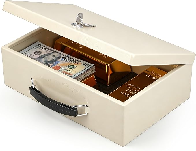 xydled Fireproof Document Box with Key Lock, Fire Safe Box, White | Fire and water resistant lock box for documents, passports, cash and valuables, keeping secure at home, 12.8 x 8.5 x 4.5 Inch by xydled