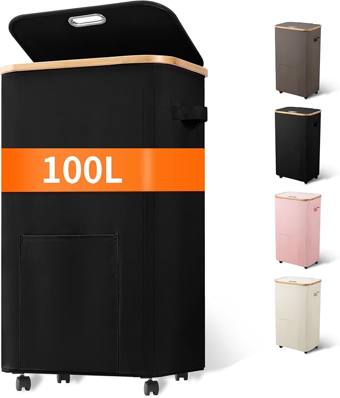 Vincona Laundry Basket with Wheels, Tall Dirty Clothes Hamper on Wheels, Rolling Laundry Hamper with lid for Dorm, Bedroom and Bathroom (Black, 100L) by Vincona