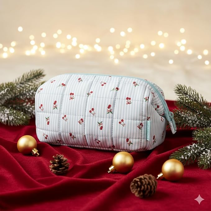 BAGSMART Makeup Bag Travel Toiletry Bag, Puffy Padded Make Up Bags for Women Makeup Organizer Case, Wide-open Pouch Purse Travel Essentials Toiletries Accessories Brushes, Ditsy Cherry - Image 2