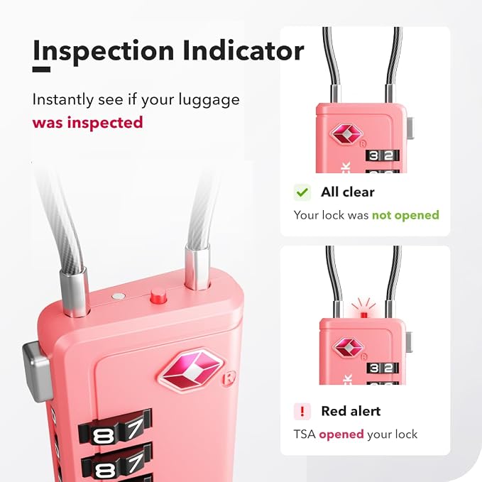 TSA Approved Luggage Locks, Travel Locks with Inspection Indicator | TSA008, Easy to Read Dials, 4 Digit Combination, Flexible Steel Cable, for Suitcases, Backpacks, Bags, 2-Pack, Pink - Image 5