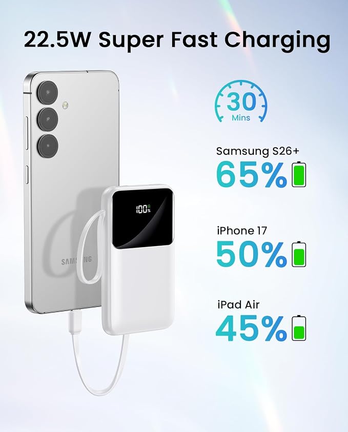 15000mAh Portable Charger Power Bank, Smaller Built-in 4 Cables White | 22.5W 50% More Capacity, 45% Smaller, Slim Travel Essential Battery Pack, 30-Min Fast Charge to 50% for iPhone/Samsung - Image 5