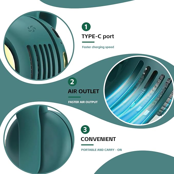 Portable silent mini bladeless fan 3-speed clip-on fan 360° rotatable, suitable for outdoor, travel and office use, travel accessory (Green) - Image 5