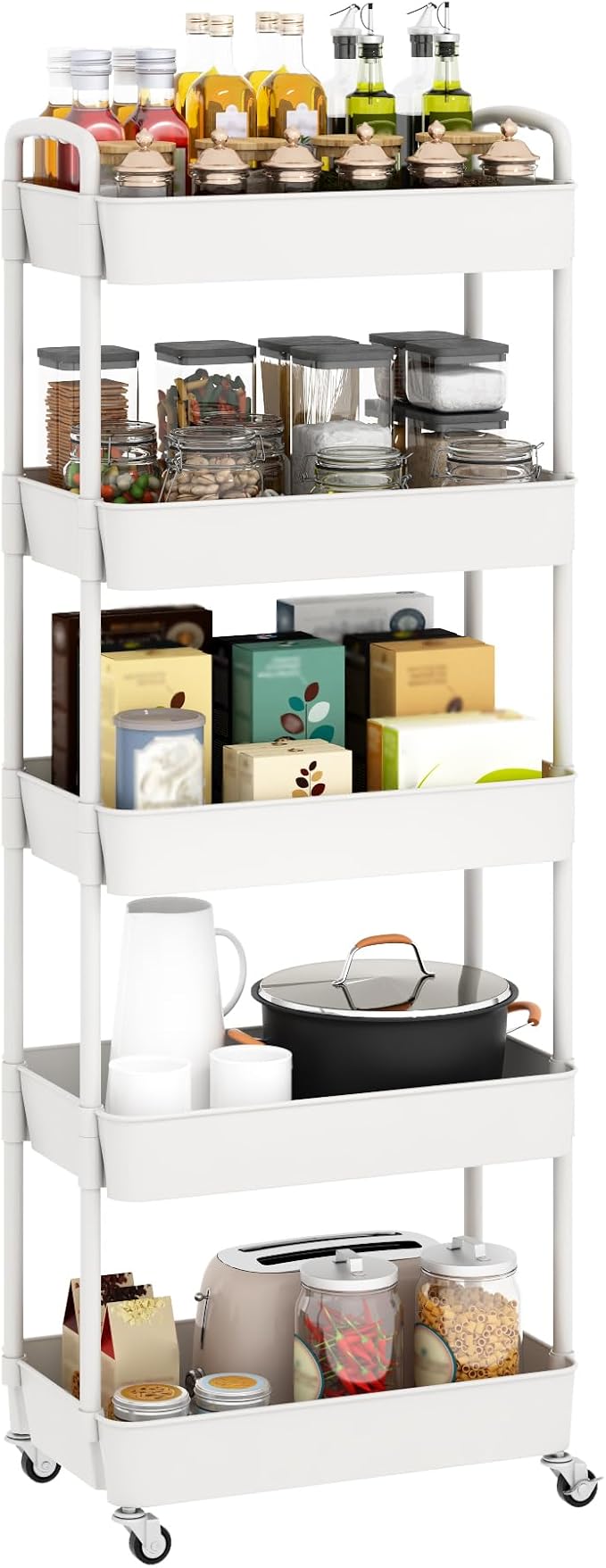 Sywhitta 5-Tier Plastic Rolling Utility Cart with Wheels for Storage,White | Multi-Functional Storage Trolley, for Office, Living Room, Kitchen, Bathroom,Movable Organizer,Space-Saving,Easy to assemble - Image 8
