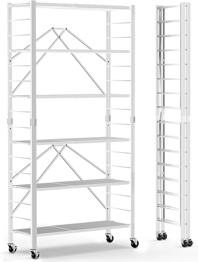 Himix 6-Tier Foldable Storage Shelves Expandable Shelf Wheels White 2-in-1 | Folding shelving units, Metal collapsible organization, Changeable into 2 shelf units, Garage, Kitchen, Holds 3600 Ibs by Himix