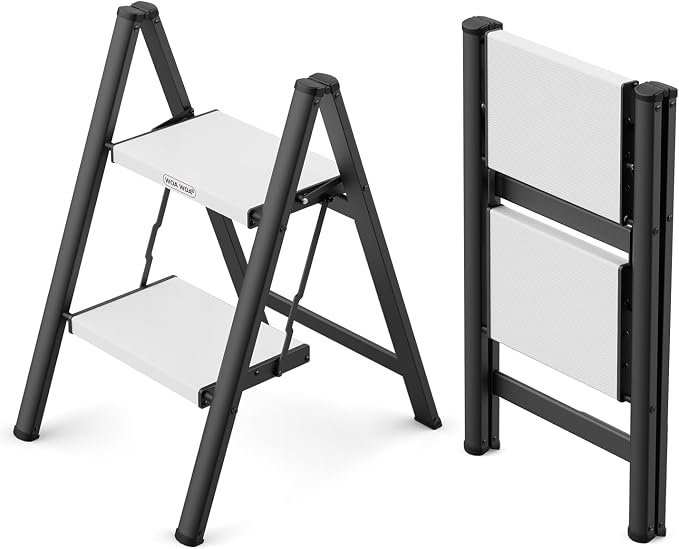 2 Step Ladder, Foldable Step Stool, 300lbs Load, Black & White | Folded 27''H x 3''T; Net 6.9 lbs; Rigid Aluminum Steps; No Assembly; For Home, Kitchen, Office, Pantry, Closets, Cabinets by WOAWOAHOME