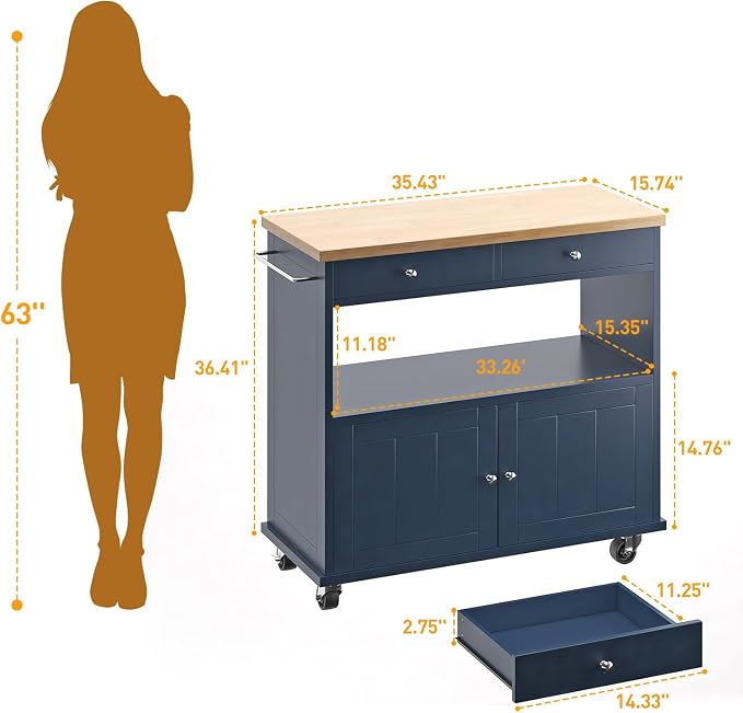 knoworld Rolling Kitchen Island with Storage Cabinet, 35.4'' Width Kitchen Cart, 2 Drawers Island Table, Portable Mobile Kitchen Island with Towel Rack, Wood Top and Lockable Wheels, Blue - Image 4