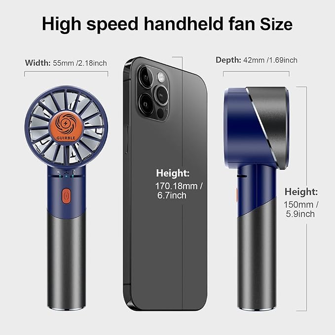 Handheld Fan,Portable Turbo Fan,Powerful Personal Fan(7000rpm High-Speed Motor,Battery Work 3-16 H),USB Rechargeable Mini Handheld Fan for Travel/Outdoor/Gift/Makeup (Navy Blue) - Image 5