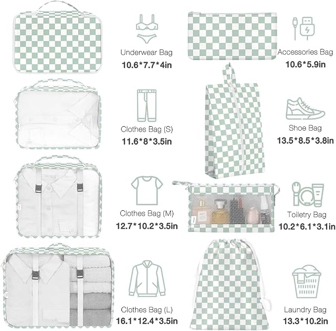 8 Set Packing Cubes for Suitcases,Suitcase Organizer with Shoe,Cosmetics,Clothing, and Accessories Bags for Travel Luggage Organizer Women Men(Green Checkered) - Image 2
