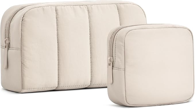 2 Pcs Makeup Bag Travel Toiletry Bag for Women Puffy Padded Cosmetic Pouch Purse Wide-open Makeup Organizer Case Travel Essentials by oscaurt